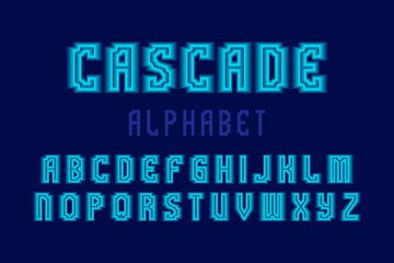 Cascade alphabet with blue neon glow. Luminous 3d font. Isolated english alphabet.