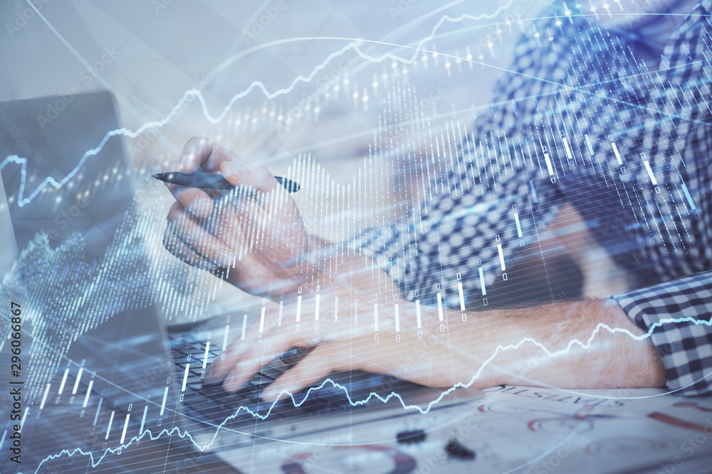 Aufkleber double exposure of forex graph with man working on computer on background. concept of market analysi