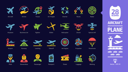 Aircraft color icon set in dark mode with flight plane glyph symbols: airplane, business jet, airport, fly aeroplane, commercial aviation, travel air, military fighter, airline, cargo aero transport. - obrazy, fototapety, plakaty
