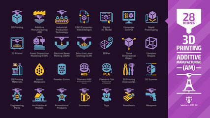3D printing color icon set in dark mode with additive manufacturing (AM) print technology glyph symbols: printer machine, digital computer cad prototype, plastic cube model, materials, accessories.