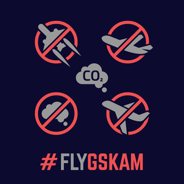 Fly gskam color icon in dark mode, with flygskam or shame of flying, CO2 pollution, degrowth of aviation symbols.