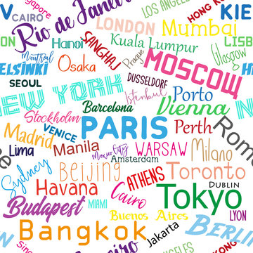 Cities of the world- colorful text seamless pat textile, wallpaper, wrapping paper, book cover vector design.