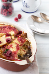 close up of rustic golden english bread and butter pudding
