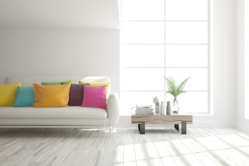 Stylish room in white color with colorful sofa. Scandinavian interior design. 3D illustration