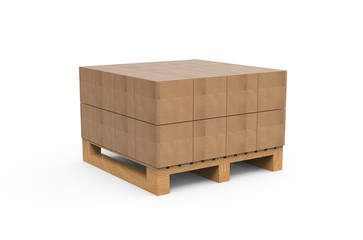 Stack of cardboard boxes on euro pallet, mock up template on isolated white background, 3d illustration