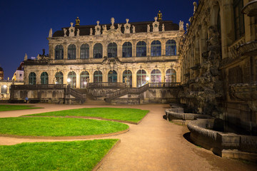 Beautiful architecture of the Zwinger palace in Dresden ad dusk, Saxony. Germany