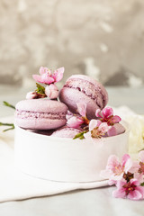 pink macarons or macaroons stacked in gift box on stone background.