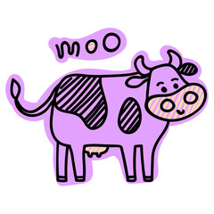 Vector illustration, line cartoon sketched standing spotted cow. Hand drawn, isolated, in violet colors. With "MOO" lettering. Applicable for package, poster, label designs, banners, flyers etc.