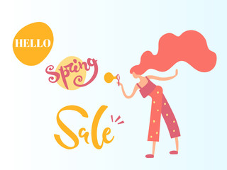 Vector illustration, trendy flat cartoon girl blowing bubbles. 