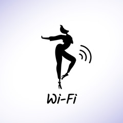 Fototapeta na wymiar Vector illustration, trendy gay man on heels with Wi-Fi text. Black isolated silhouette. Applicable for LGBT (LGBTQ), transgender concepts, places advertisement, posters, flyers, stickers.