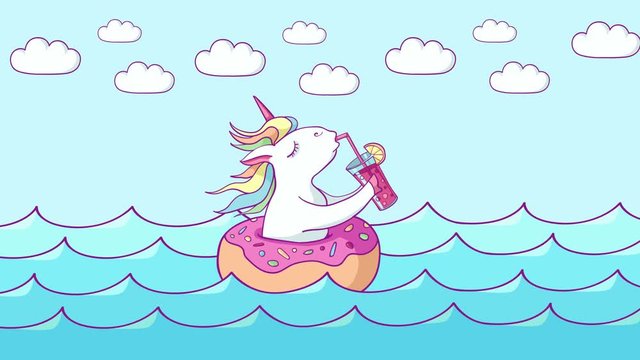 Cute unicorn on donut swimming ring. Summer time. Magic unicorn drinking a cocktail at sea . Cartoon flat style illustration. 