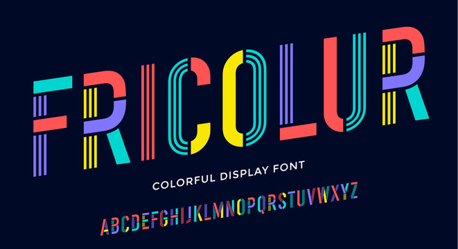 Stencil font. Colorful condensed alphabet and line font