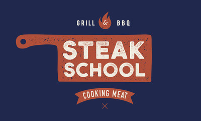 Meat logo. Logo for Cooking school with icon chef knife, text typography