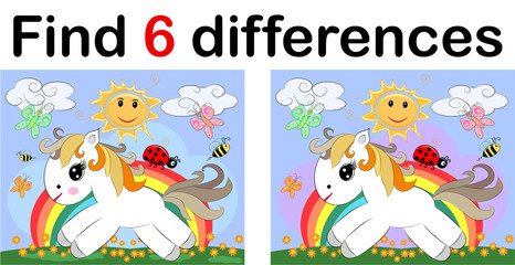 Find differences, education game for children. Fairy ponies and rainbow