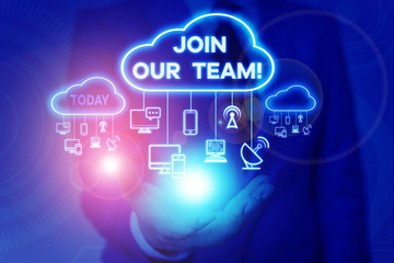 Conceptual hand writing showing Join Our Team. Concept meaning inviting someone into your local group or company Male wear formal suit presenting presentation smart device