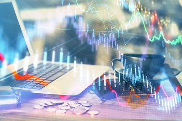 Multi exposure of forex chart and work space with computer. Concept of international online trading.
