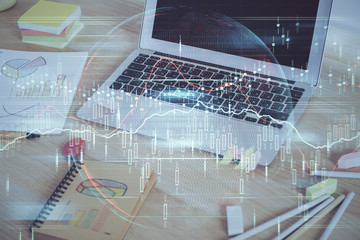 Multi exposure of forex chart and work space with computer. Concept of international online trading.