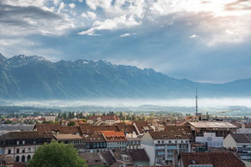 Panorama on the Bernese Alps and the old town of Thun