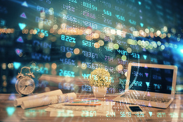 Multi exposure of forex graph and work space with computer. Concept of international online trading.