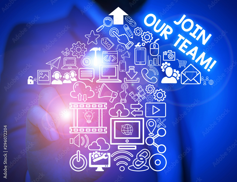 Poster handwriting text join our team. conceptual photo invite someone to work together for particular purp