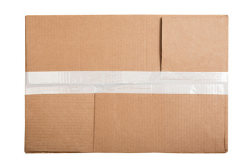 Top view of rectangular cardboard box with a sticky tape isolated on white background