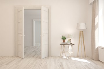 Empty room in white color with open door and table. Scandinavian interior design. 3D illustration