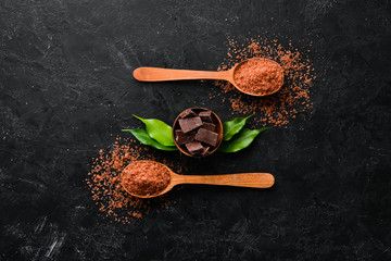 Sea salt with chocolate aroma. Spa treatments. Top view. Free copy space.