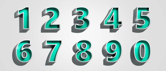 Metallic silver 3D numbers green inside on white isolated background. Rendering of the numbers 1, 2,3, 4, 5, 6, 7, 8, 9, 0 .  3D under view render.
