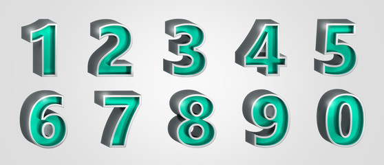 Metallic silver 3D numbers green inside on white isolated background. Rendering of the numbers 1, 2,3, 4, 5, 6, 7, 8, 9, 0 . 3D upper view render.