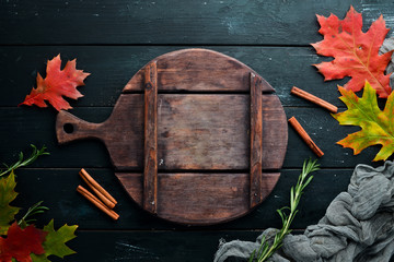 Autumn banner. Autumn colored leaves. Top view. Free copy space.