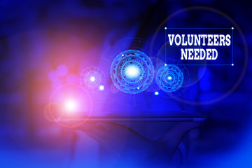 Text sign showing Volunteers Needed. Business photo text need work or help for organization without being paid Woman wear formal work suit presenting presentation using smart device