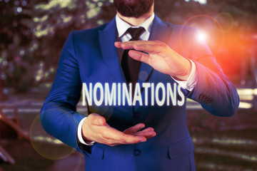 Handwriting text Nominations. Conceptual photo the act of officially suggesting someone for a job...