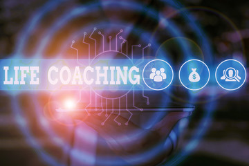 Word writing text Life Coaching. Business photo showcasing Improve Lives by Challenges Encourages us in our Careers Woman wear formal work suit presenting presentation using smart device