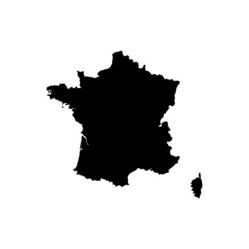 France map vector, isolated on white background. Black map template, flat earth.  Simplified, generalized world map with round corners.