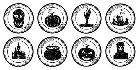 Set Halloween Stamp Postal. Pumpkin Cauldron Scull Castle Cemetery Zombie Silhouette Seal. Passport Round Design. Vector Icon. Design Retro Travel.