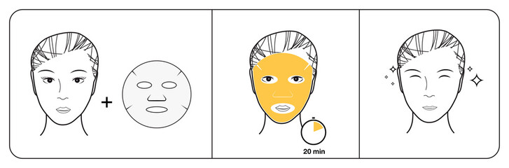 Instructions for the use of facial cosmetic mask. Vector illustration. Ready for use in your design.EPS10.