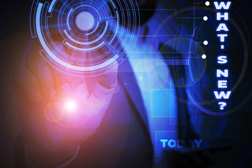 Word writing text What S New Question. Business photo showcasing when you ask someone about his current live events actions Male human wear formal work suit presenting presentation using smart device