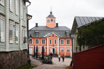 Street of Old Porvoo, Finland. Beautiful city autumn landscape with Old Town Hall.