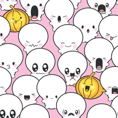 Obraz na płótnie Canvas Seamless Background Cute Skulls And Pumpkins Celebrating Halloween