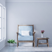 Empty living room with white wall and light blue armchair, Pink Roses In White Vase, Minimal Rustic, 3D Rendering
