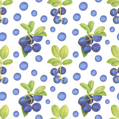 Watercolor blueberry seamless pattern. Hand drawn branches with bilberry and leaves on white background. Forest plant for design, cards, invitations, wallpaper, wrapping, textile, food packaging.