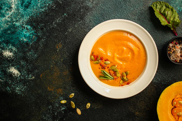 pumpkin soup (first course, delicious vegetable vitamin food) menu concept. food background. copy space. Top view