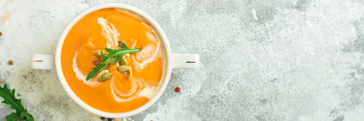 pumpkin soup (first course, delicious vegetable vitamin food) menu concept. food background. copy space. Top view