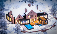 3d rendering of modern cozy clinker house on the ponds with garage and pool for sale or rent with beautiful landscaping on background. Cool winter night with warm cozy light inside.