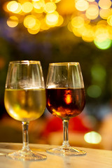 Christmas sherry wine, dry or sweet jerez fortified wine in glasses and street lights, Jerez de la Frontera, Andalusia, Spain
