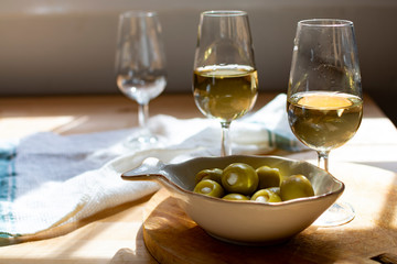 Sherry wine tasting, dry fino, manzanilla or palomino jerez fortified wine in glasses, Jerez de la...