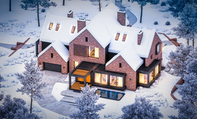 Naklejka premium 3d rendering of modern cozy clinker house on the ponds with garage and pool for sale or rent with beautiful landscaping on background. Cool winter night with warm cozy light inside.