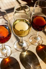 Sherry wine tasting, selection of different jerez fortified wines from dry to very sweet in glasses, Jerez de la Frontera, Andalusia, Spain