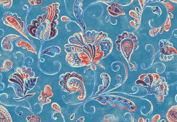 Paisley watercolor floral pattern tile:  flowers, flores, tulips, leaves. Oriental indian traditional hand painted water color whimsical seamless print antique design. Abstract india stucco background