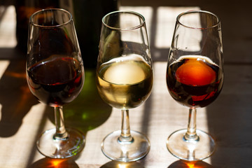 Sherry wine tasting, selection of different jerez fortified wines from dry to very sweet in glasses, Jerez de la Frontera, Andalusia, Spain